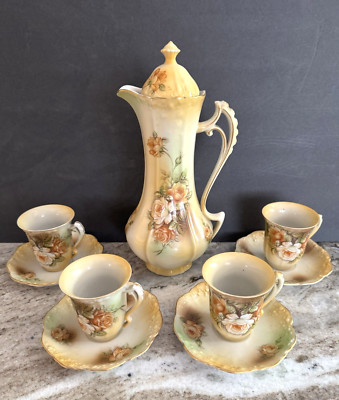 Chocolate Pot Set w/ 4 Cups & Saucers Antique Roses Floral