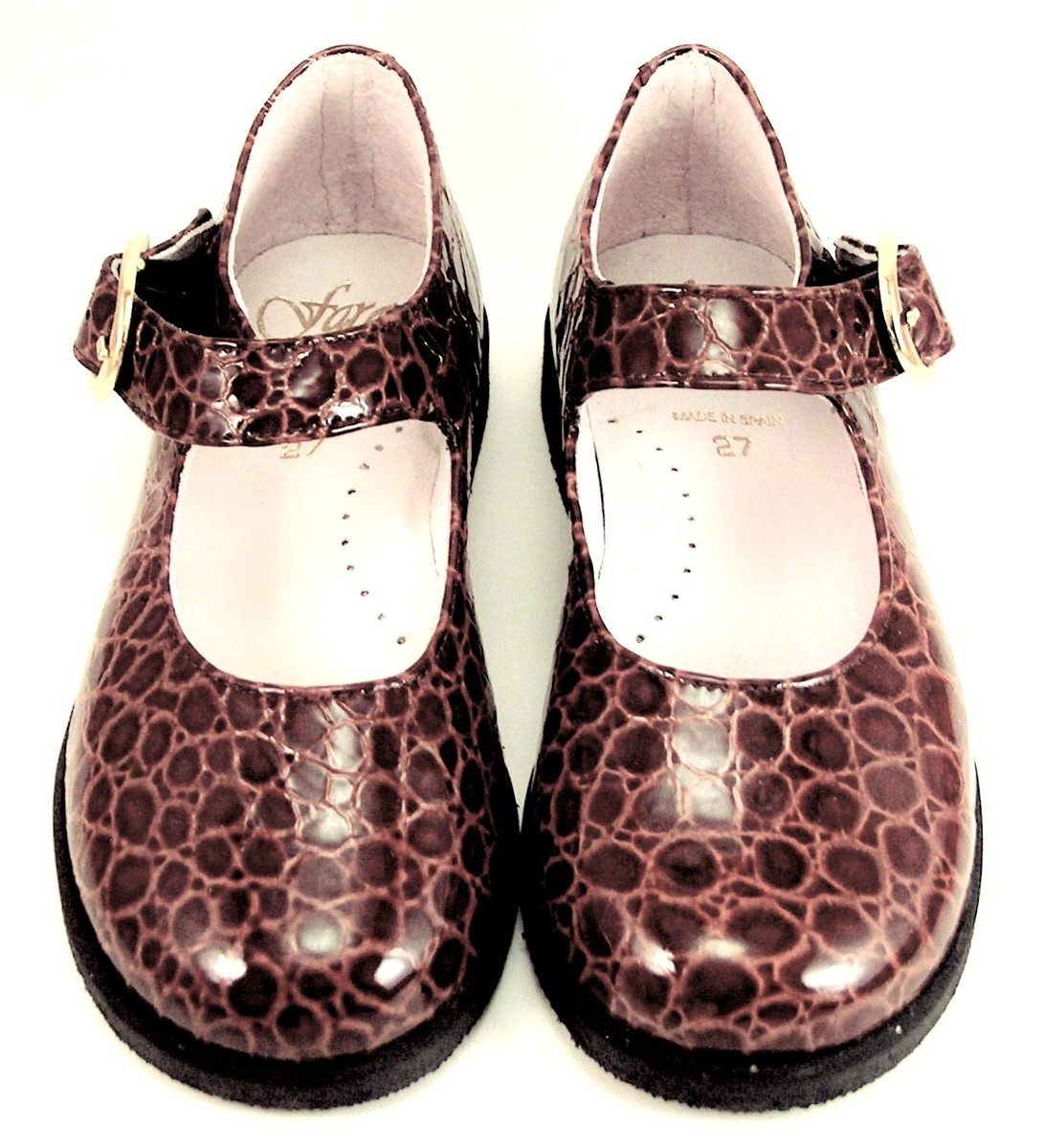 DE OSU-FARO -Spain- Girls Brown Croc Patent Leather Dress Shoes