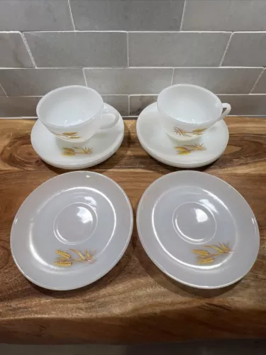 Vintage Anchor Hocking Fire King Wheat-pattern Teacup and Saucer Set- 10 Pieces