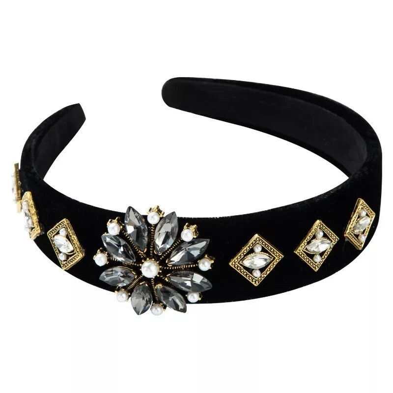 Bejeweled Velvet Rhinestone Headband with Pearls /Luxury Headband - Image 3 of 4