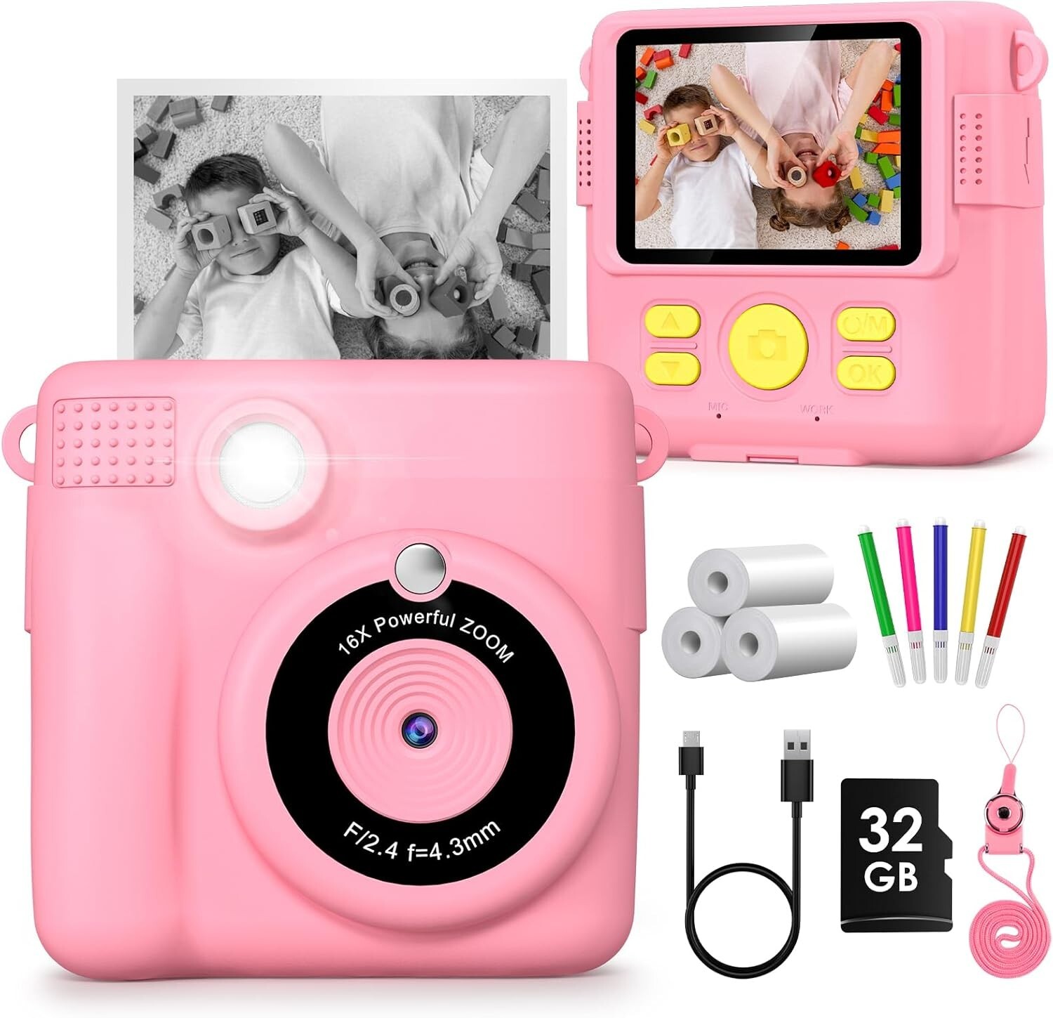 Gofunly Kids Camera Instant Print,1080P Instant Camera for Kids, 32GB Card, 3 Ro-image