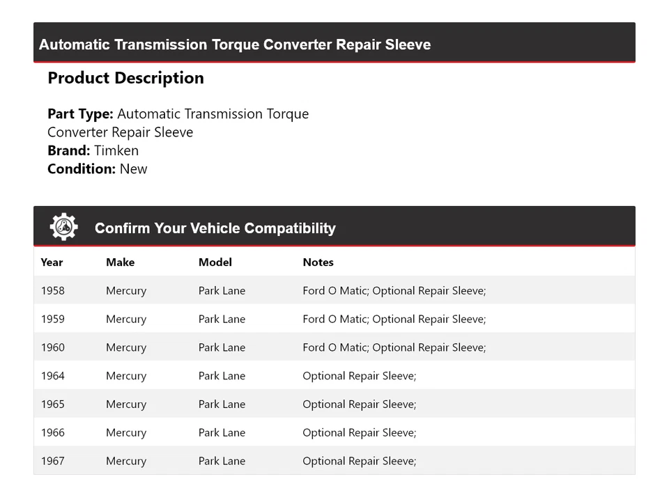 Para 1958-60, 1964-67 Mercury Park Lane AT convertidor de par manguito de reparación Timken Foto 2 de 4