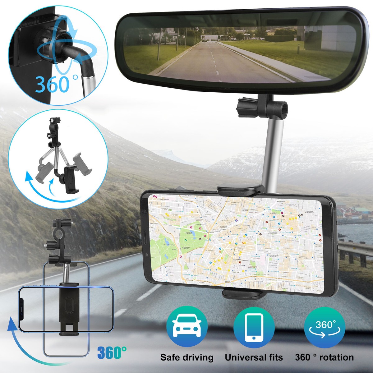 Best Rear View Mirror Cell Phone Holder Universal 360° Car Rear