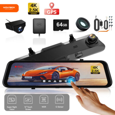 WOLFBOX 12'' Dashcam G900 4K Spiegel Auto Kamera WDR &Hardwire-Kit,CPL&64G SD