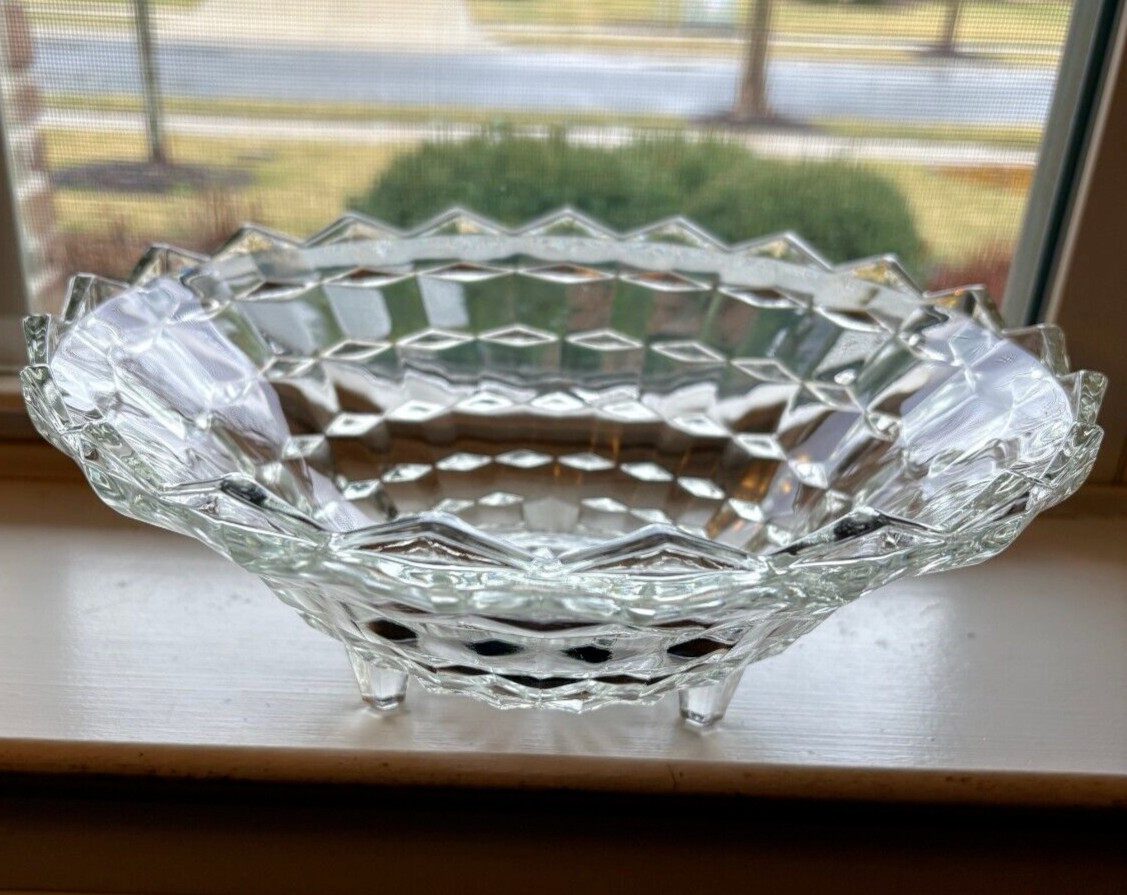 VTG Indiana Glass Whitehall Colony Cubist 3 Toed Lg Heavy Glass Bowl Dish 10"
