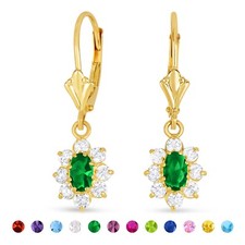 14K Real Solid Yellow Gold Oval CZ Birthstone Flower Halo Dangle Drop Earrings