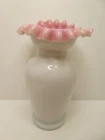 ANTIQUE VICTORIAN PINK WHITE MILK GLASS RUFFLED TOP VASE
