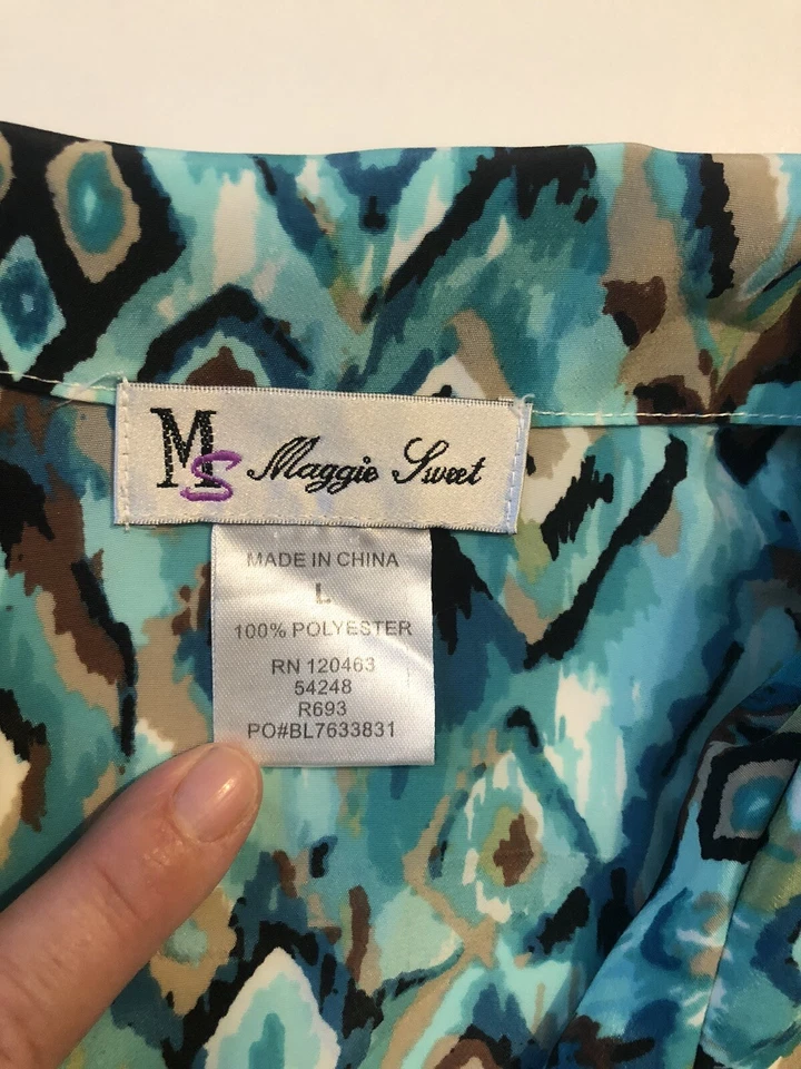 Top Maggie Sweet Turquesa Mujer’s L Tribal Geométrico Manga 3/4 Botón 61424V2D Foto 4 de 4