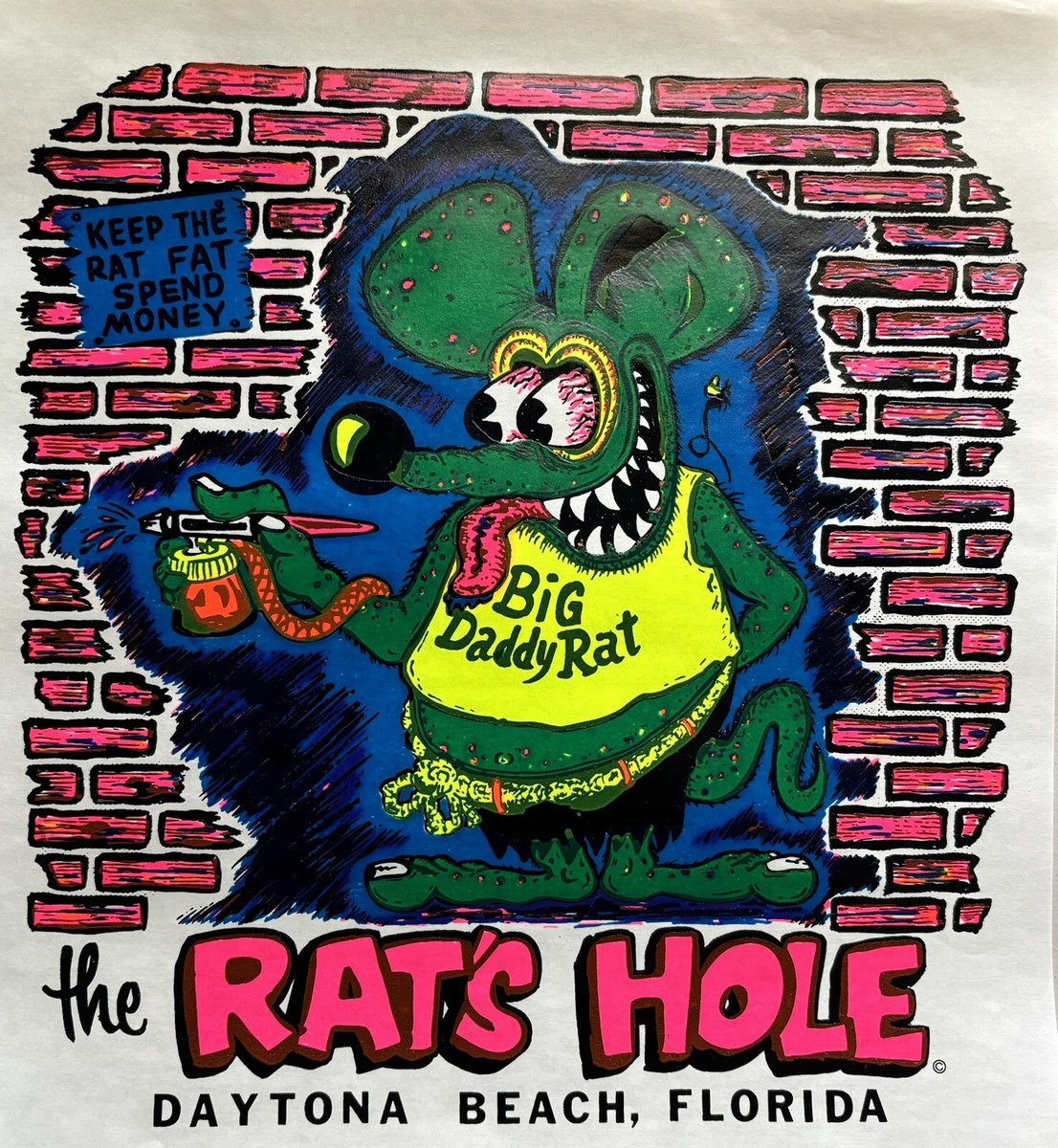 Vintage The Rat's Hole Big Daddy Rat Iron On Transfer DAYGLO