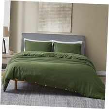 Linen Duvet Cover Washed Lightweight Bedding Set with Buttons King Olive Green