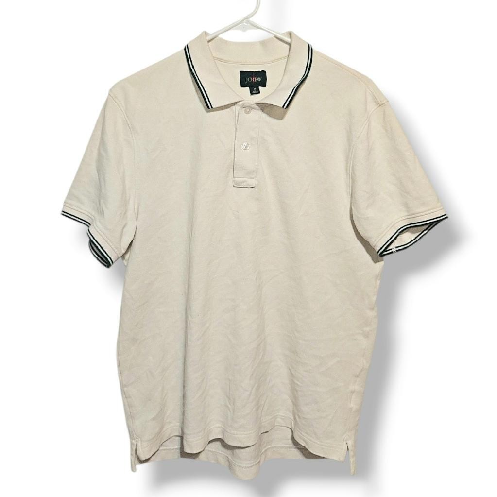 Vintage J.CREW Oarsman Off-White Cream Green Polo Shirt Mens Medium Short Sleeve