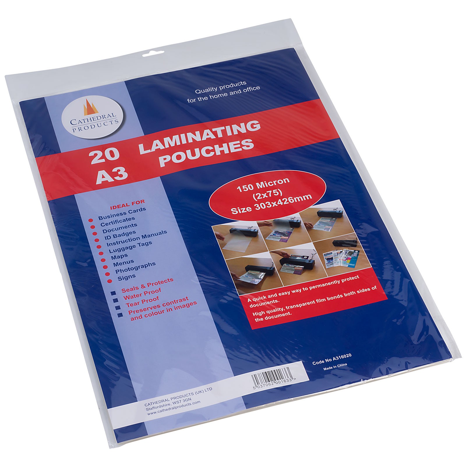 Cathedral Products A3 Laminating Pouches 150 micron Pack 20