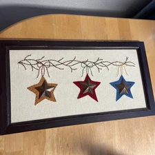 Framed Hand Stitched 3 Star Wall Decor Wool Applique Primitive Farm House