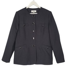 Le Suit Black Collarless Button Front Blazer Jacket Size 12 Office Minimal