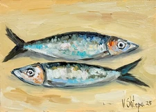 Sardine Original Oil Painting Fish Seafood Art Sardine Still life Kitchen Signed