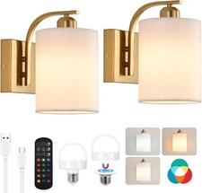 Gold Rechargeable Battery Operated Wall Sconces Set of 2 with Remote, 15 Colors