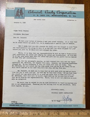 Vtg 1950 letterhead Colonial Candy Corp Morgantown W. VA Double Date Candy Bar