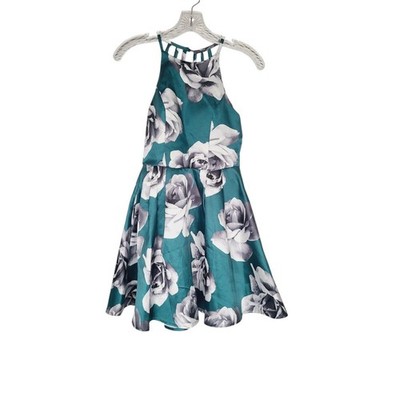 Xtraordinary Juniors Green Cocktail Holiday Dress Floral Halter Pockets Sz 3