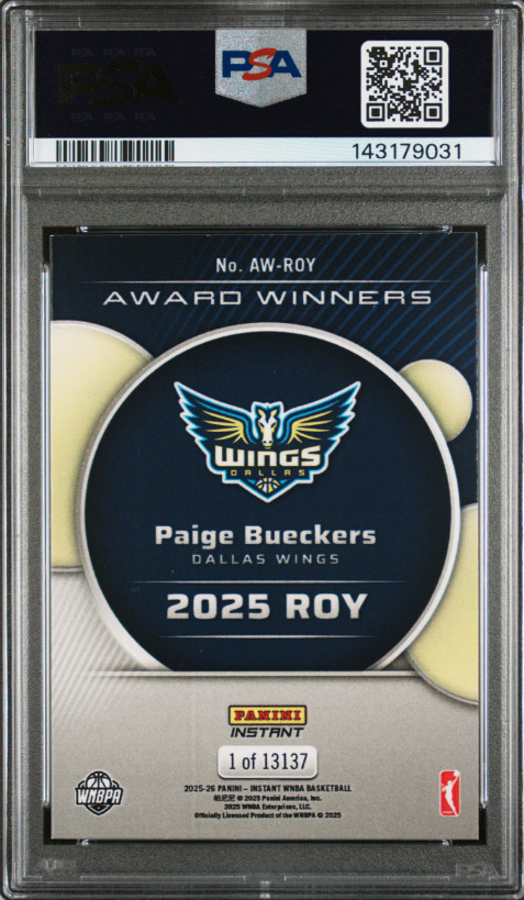 2025 PANINI INSTANT WNBA AWARD WINNERS ROY PAIGE BUECKERS RC PSA MINT 9 view 2