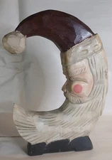 Primitive Christmas Carved & Painted Wood Crescent Moon Santa Claus