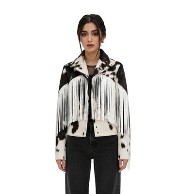 Women's Black & White Cowhide Western Fringe Jacket - western Leather jacket