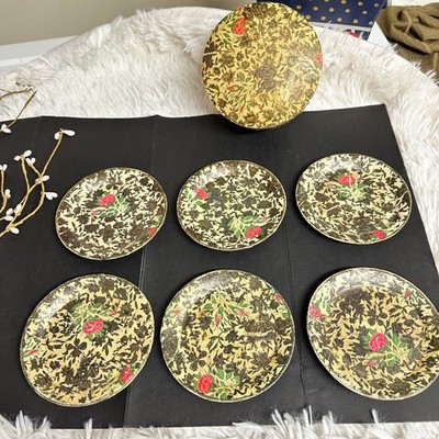 Paper Mache 6 Pc Vintage Coasters in Round Box Gilded Floral Alcohol Proof Japan