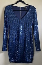 Charlotte Russe Sequins Dress Womens Size Small Blue Long Sleeve Bodycon Mini