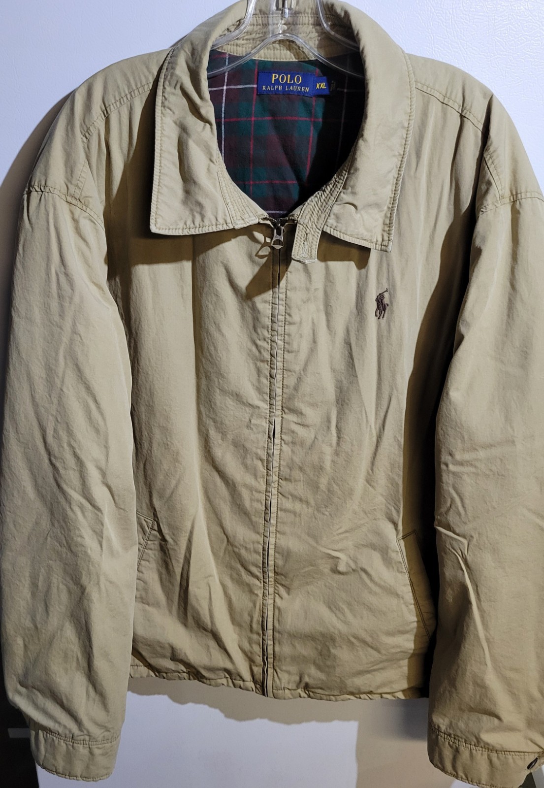 Giacca vintage Polo Ralph Lauren taglia 2XL beige pony foderata a quadri bomber full zip