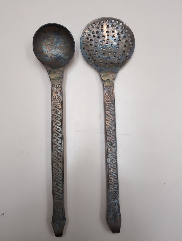 Antique Middle Eastern Etched Brass Ladle & Skimmer Set Vintage Hand Engraved