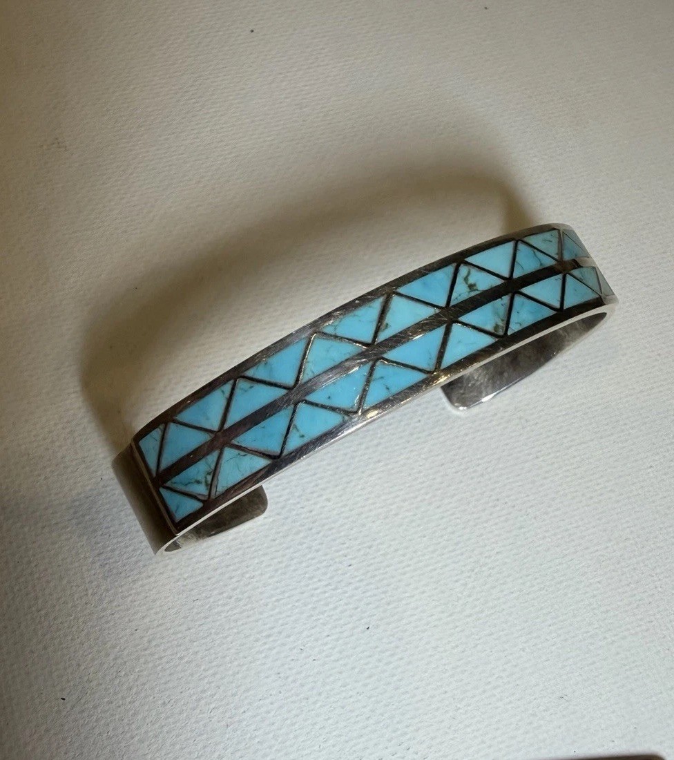 Beautiful Blue Turquoise Inlay Silver Bracelet Stacker Cuff 10 cm wide