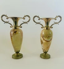 Vintage, Miniature, Double Handled, Onyx & Metal Vases, Set Of Two