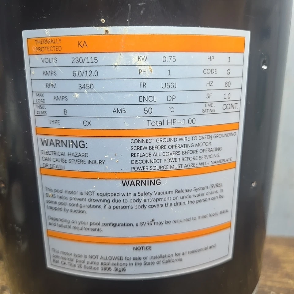 B228SE C-Face Pool Motor 1HP Single Speed 3450 RPM 1 Service Factor U56J Frame - Image 2 of 4