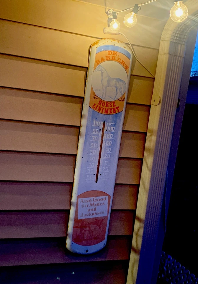 Vintage DR BARKERS HORSE LINIMENT Farm Animal Advertising Thermometer SIGN - Image 2 of 4