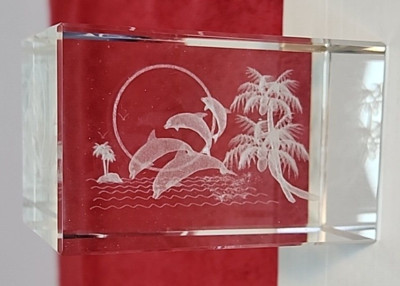 3D Laser Etched 4 Jumping Dolphin Sunset Palm Tree Crystal Glass Paperweight