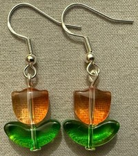 ORANGE TULIP FLOWER GLASS BEAD EARRINGS with Sterling Silver Ear Wires