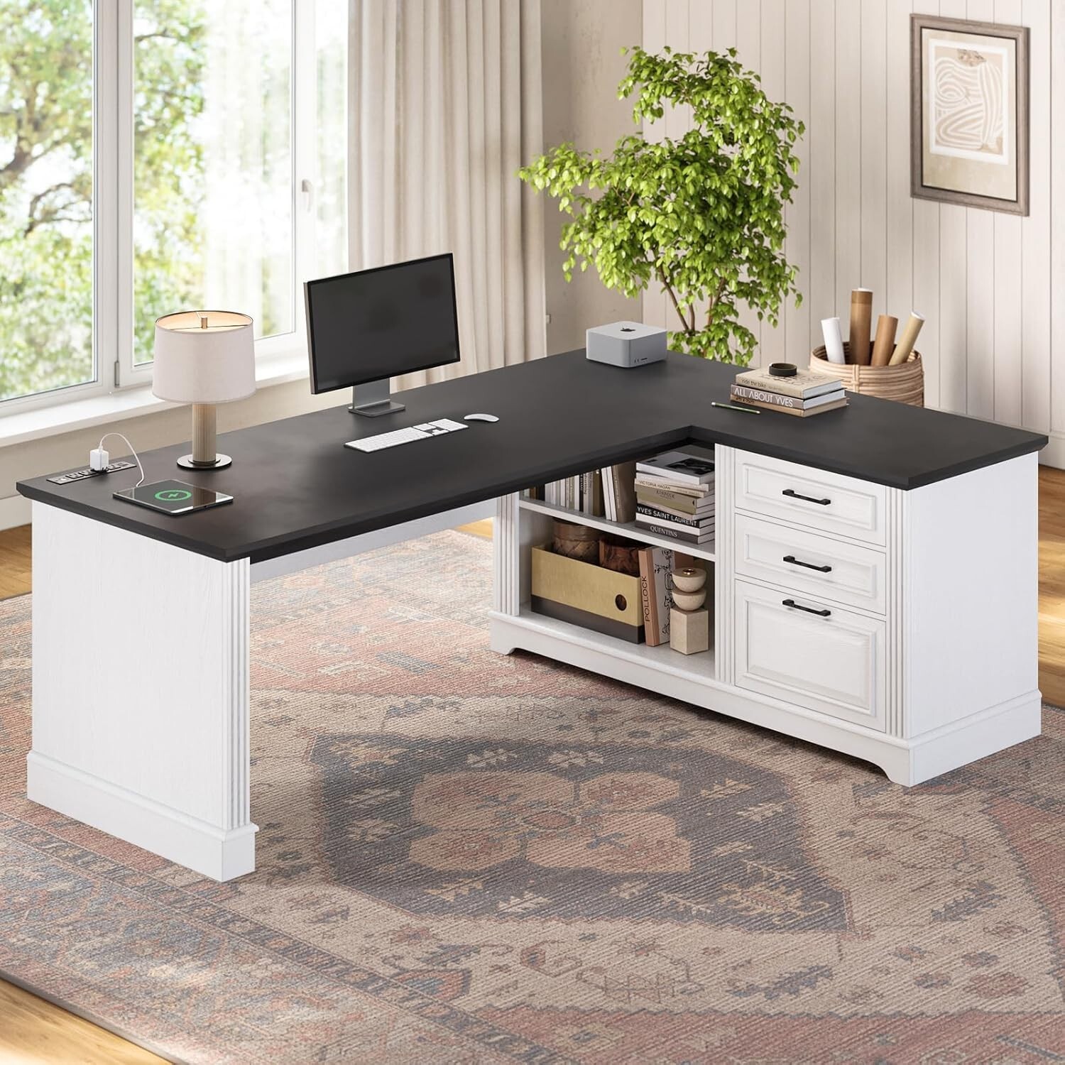 Farmhouse 61" Executive Computer Desk, L Shaped Office Desk with Storage Shelves