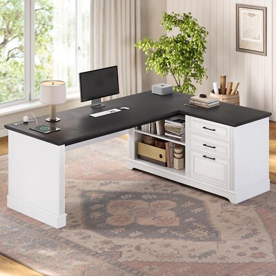 Farmhouse 61'' Executive Computer Desk, L Shaped Office Desk with Storage Shelves