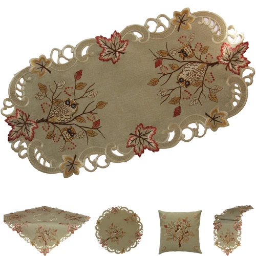 Owl Tablecloth Runner Doily Cushion cover Linen-look Green Beige Autumn Fall