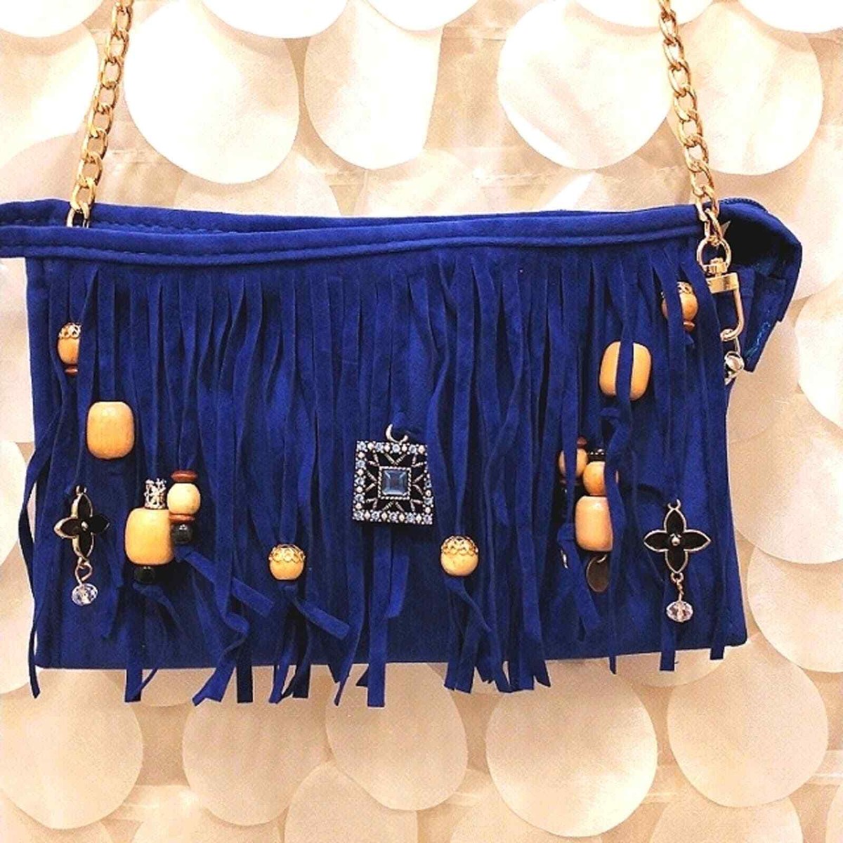 Fringed CROSSBODY BLUE Purse Clutch w Chain Charm Enamel Flower Charm