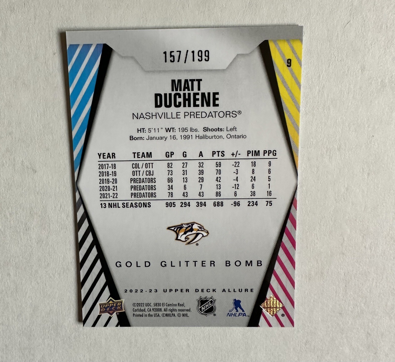 202223 MATT DUCHENE GOLD GLITTER BOMB /199 UPPER DECK ALLURE