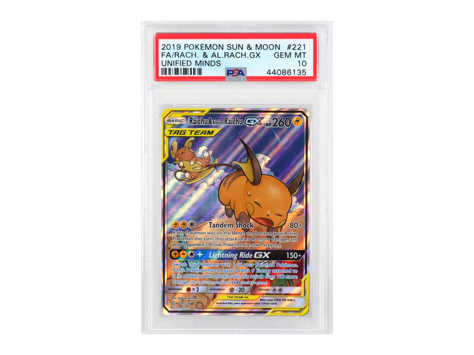 Pokemon Unified Minds Raichu & Alolan Raichu GX 221/236 PSA 10 GEM MINT
