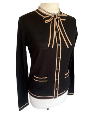 Wunderschöne HOBBS Schwarz & Camel Preppy Merinowolle Tie Neck Feinstrick Strickjacke Gr.XS