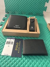 NIB NEW Polo Ralph Lauren Men's Smooth Leather Billfold Wallet Keychain Black