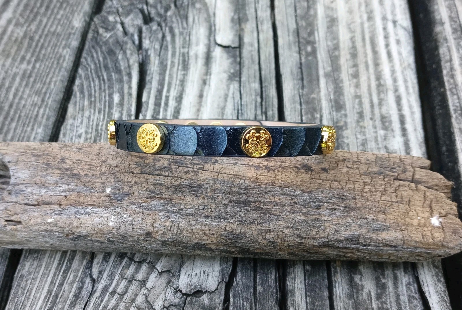 Rustic Cuff Bracelet Blue Metallic Python On Leat… - image 2