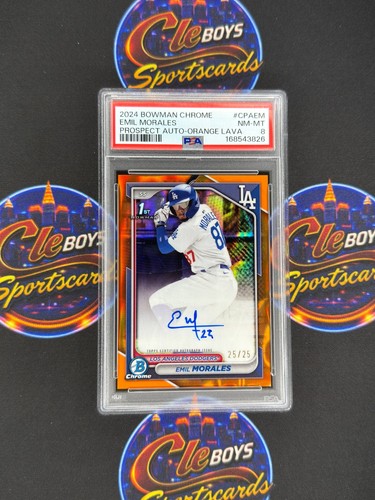 Emil Morales 2024 Bowman Chrome Prospect Auto Orange Lava Refractor /25 PSA 8
