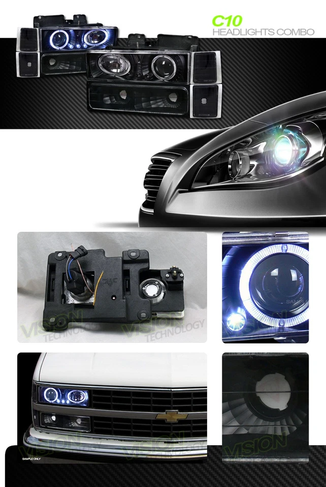 Farol projetor halo LED preto + sinal + canto Yd para caminhão 94-99 Chevy C10 C/K - Imagem 2 de 2