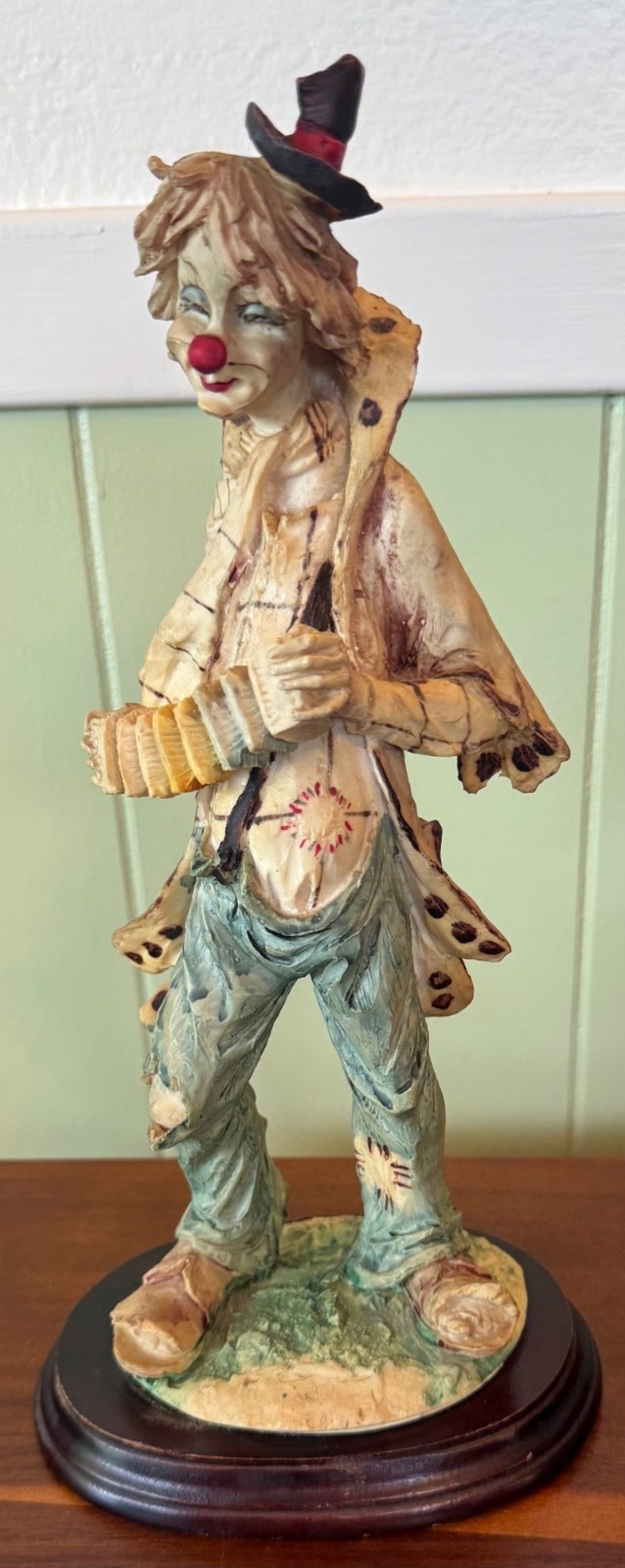 Vintage Hand-Painted Clown Figurine With Accordion On Wooden Base 12” Tall