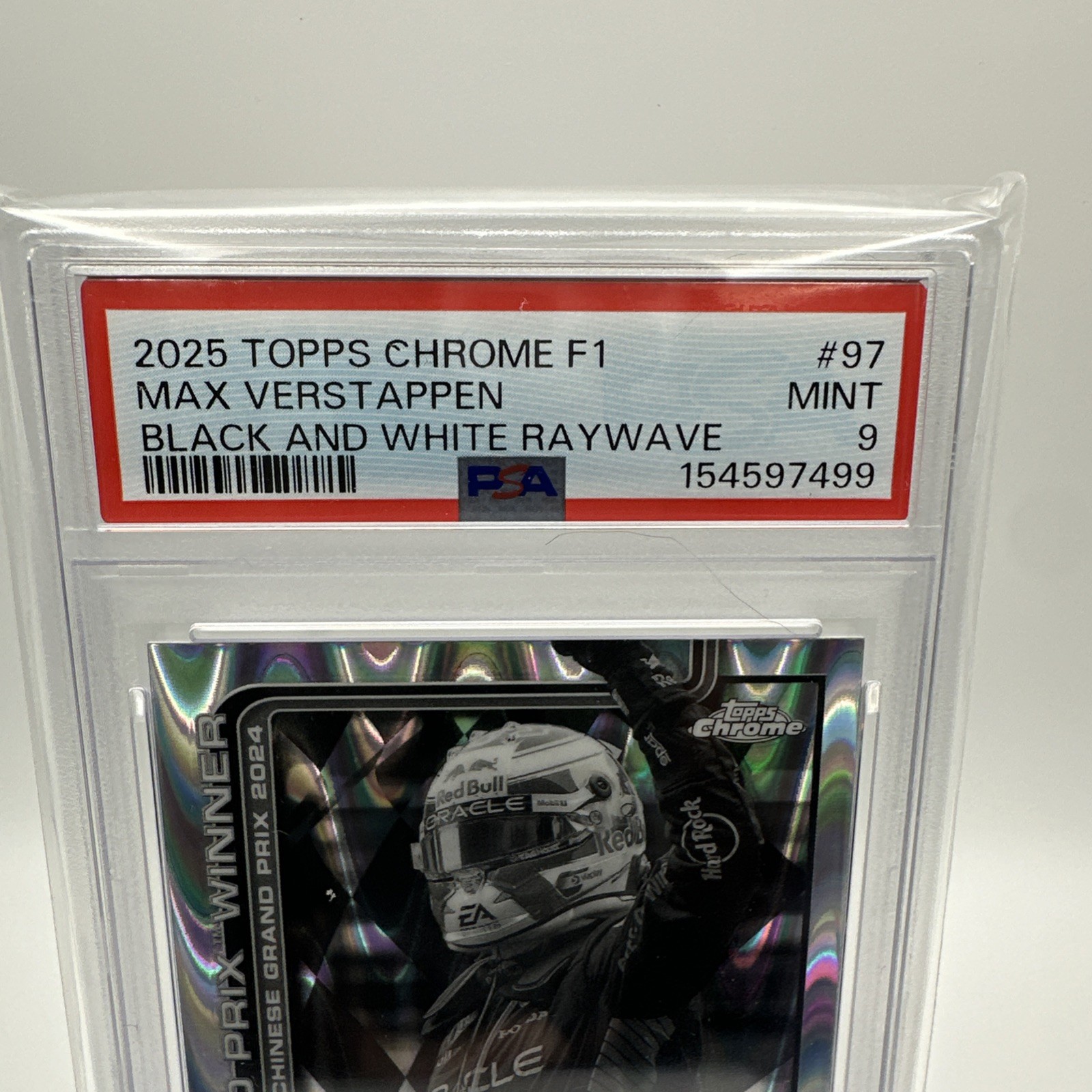 2025 Topps Chrome F1 Max Verstappen #97 Black & White RayWave Refractor PSA 9 view 2