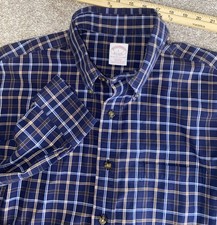 Brooks Brothers Non Iron Supima Cotton Check Plaid Shirt Blue/Orange Mens L Prep