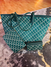 three piece green and white pattern bag and purse set
